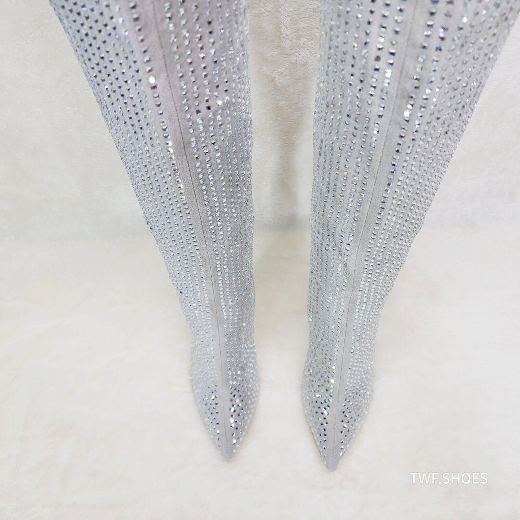 Glamour Shot Mirrored Rhinestone 4" Pyramid Heel Knee Boots Silver Gray - Totally Wicked Footwear
