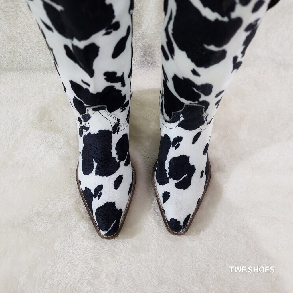 Western Rancher Faux Suede Black White Cow Print Cowboy Pull On Cowgirl Boots - Totally Wicked Footwear