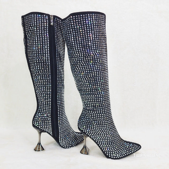 Glamour Shot Mirrored Rhinestone Tinted 4" Pyramid Heel Knee Boots Black - Totally Wicked Footwear