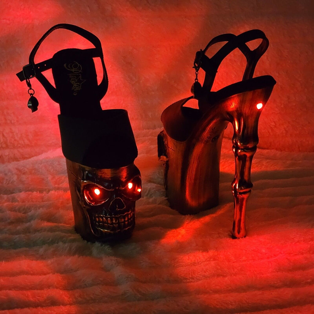 Rapture Silver Pewter Spike Skull & Bones LED 8" High Heel Platform Shoes NY - Totally Wicked Footwear