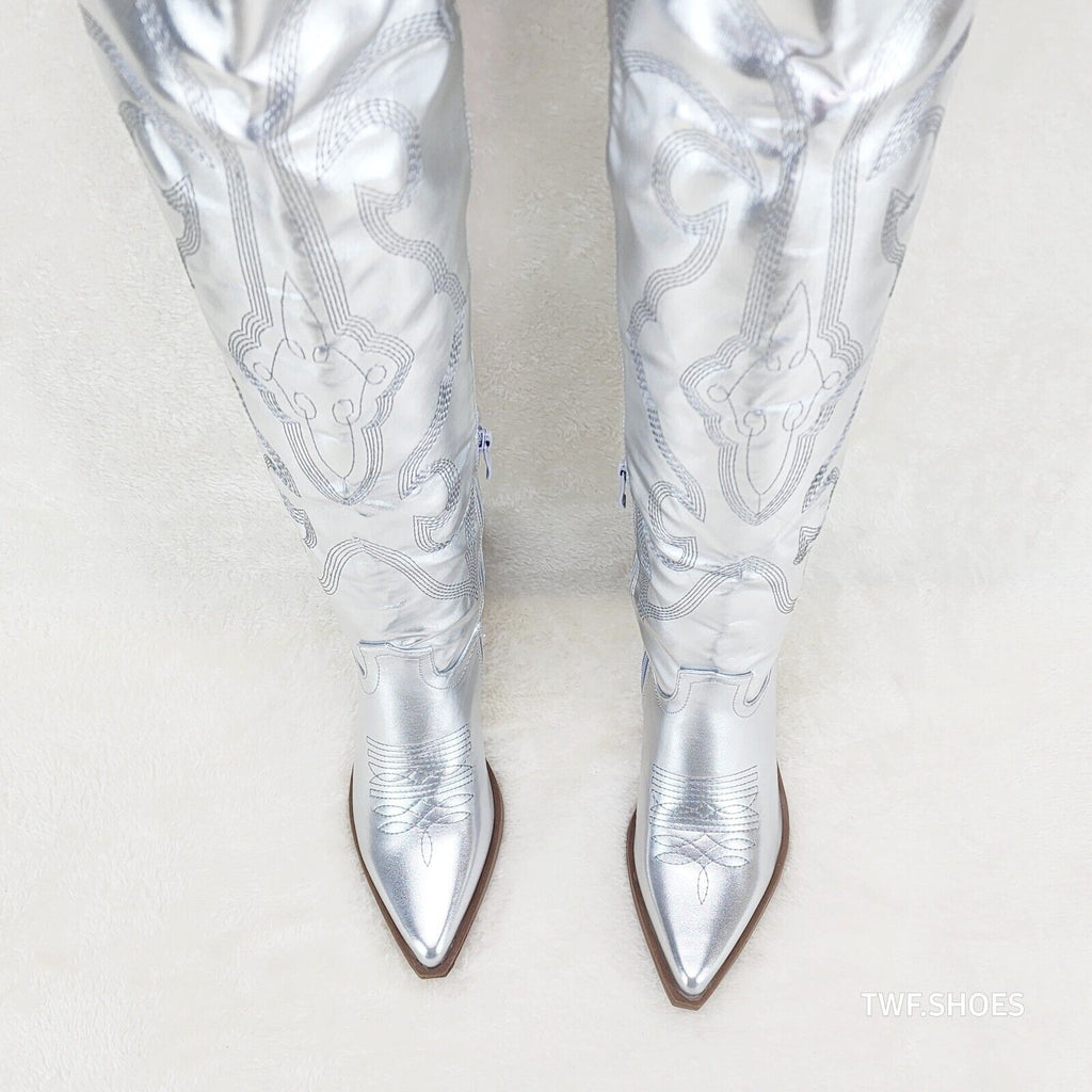 Country Disco Cowboy Metallic Silver Western Cowgirl OTK Thigh Boots - Totally Wicked Footwear