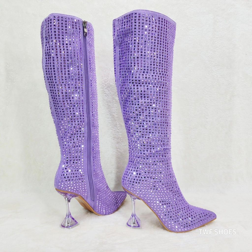 Glamour Shot Mirrored Rhinestone Tinted 4" Pyramid Heel Knee Boots Lilac Purple - Totally Wicked Footwear