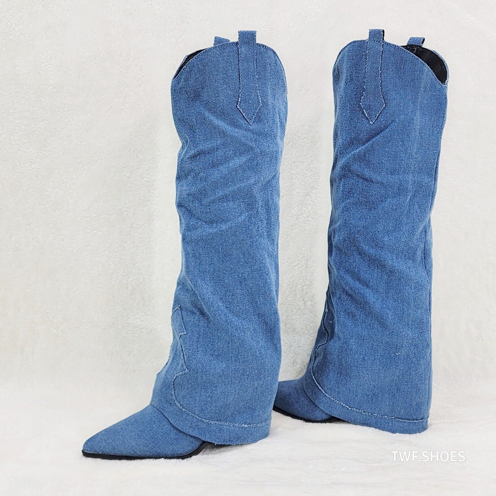 Rough Cut Denim Skirted Fold Over Country Western Knee High Cowgirl Boots - Totally Wicked Footwear