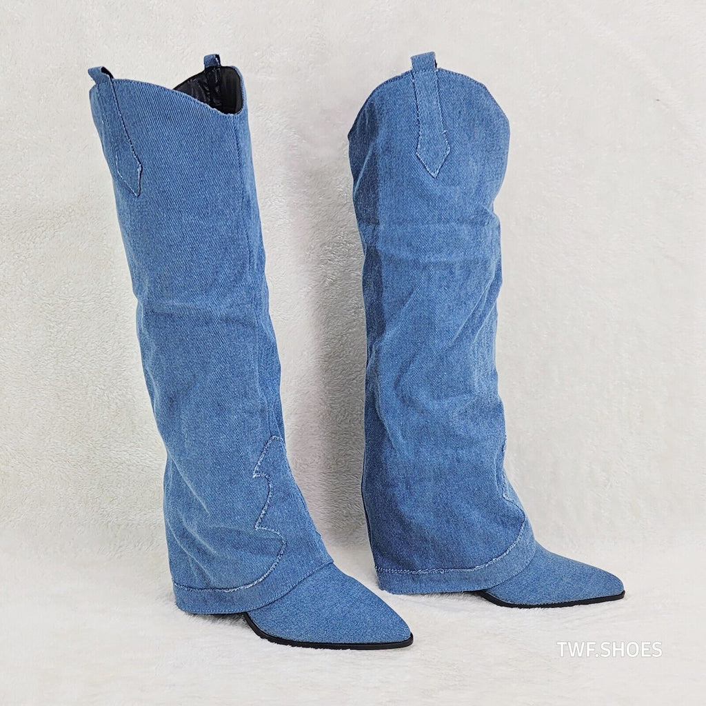 Rough Cut Denim Skirted Fold Over Country Western Knee High Cowgirl Boots - Totally Wicked Footwear