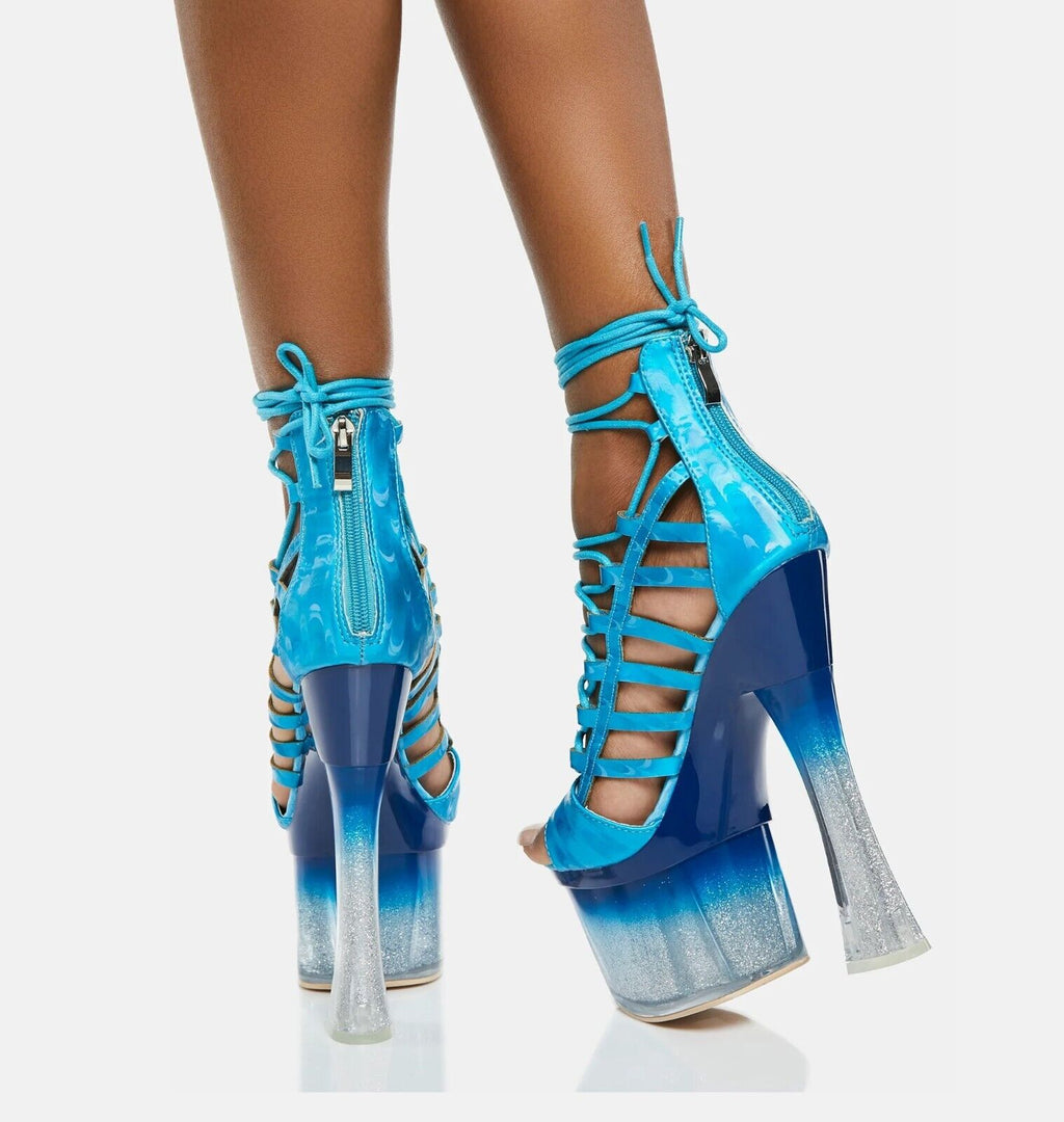 Bulls Blue Strappy Gradient Ombre Glitter Tint Platform & Chunky Heels - Totally Wicked Footwear