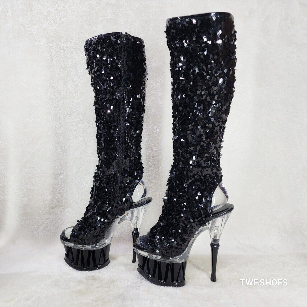 Pleaser Spiky Black Sequin Knee Boots Spiked Design Platform - Totally Wicked Footwear