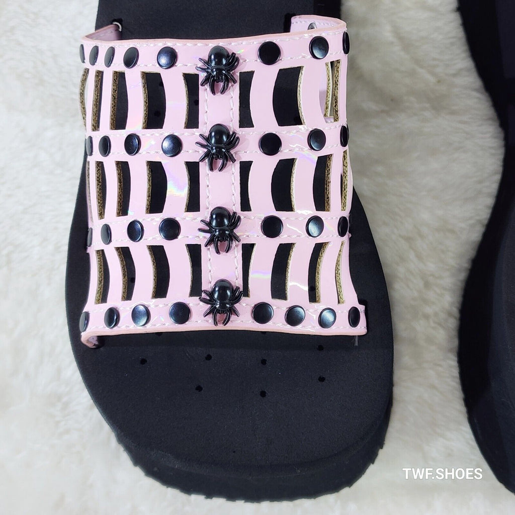Funn Platform Goth Cut Out Web Sandals Spider Studs Slip On Shoes Pink Hologram - Totally Wicked Footwear