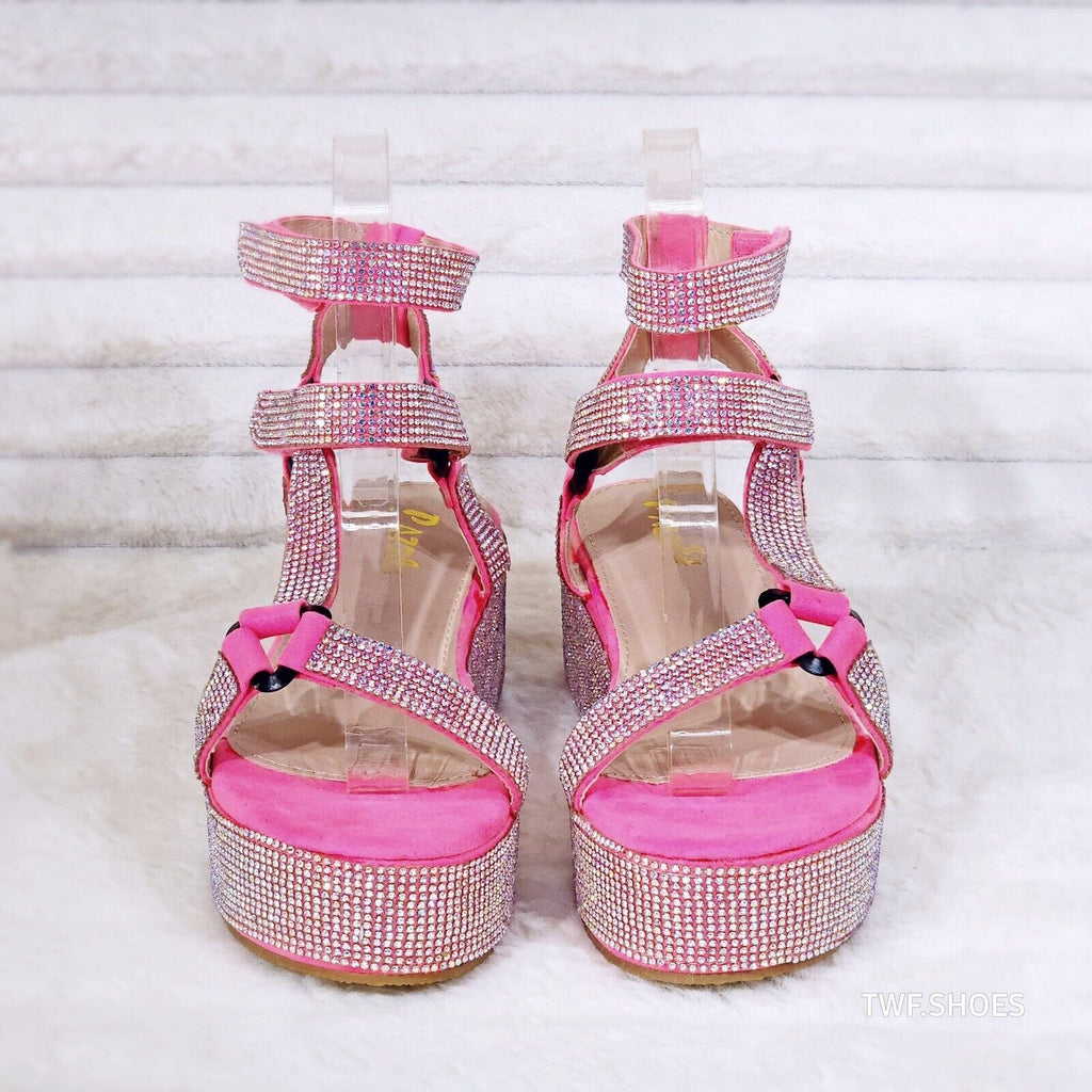 Pazzle Pink 2" Platform Harness Strap Sparkling Iridescent Rhinestone Sandals - Totally Wicked Footwear