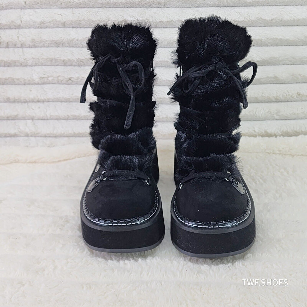 Emily Black Furry Heart Chain Goth 2" Platform Ankle Boots 55 Faux Fur - Totally Wicked Footwear