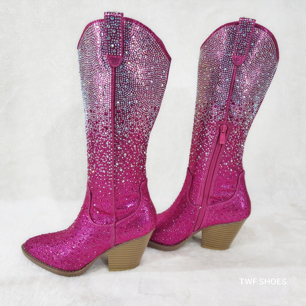 Wild One Glamour Cowboy Fuchsia Hot Pink / Silver Ombre Rhinestone Cowgirl Boots - Totally Wicked Footwear
