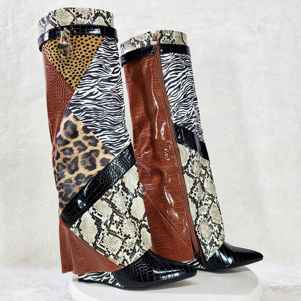 Forbidden Multi Animal Print Skirted Fold Over Wedge Heel Knee Boots - Totally Wicked Footwear