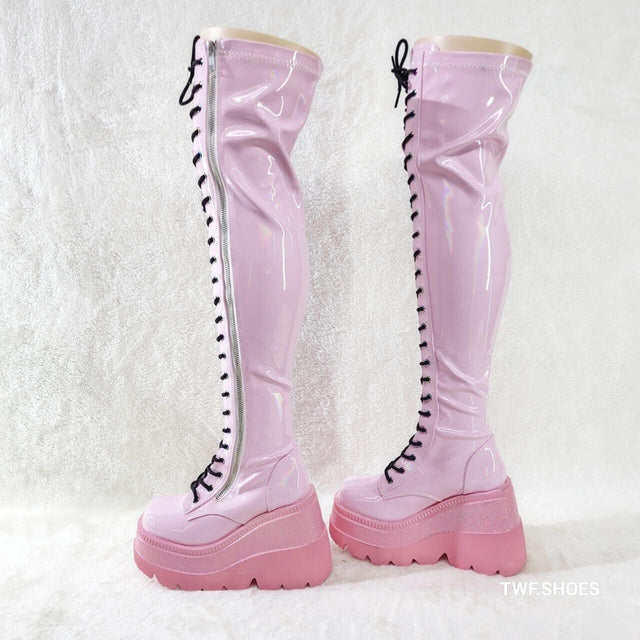 Shaker 374 Pink Patent Platform 4.5" Wedge Heel Over The Knee Boots NY DEMONIA - Totally Wicked Footwear