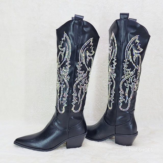 Razzle Black Country Western Cowgirl Knee Boots Rhinestone Dazzle - Totally Wicked Footwear