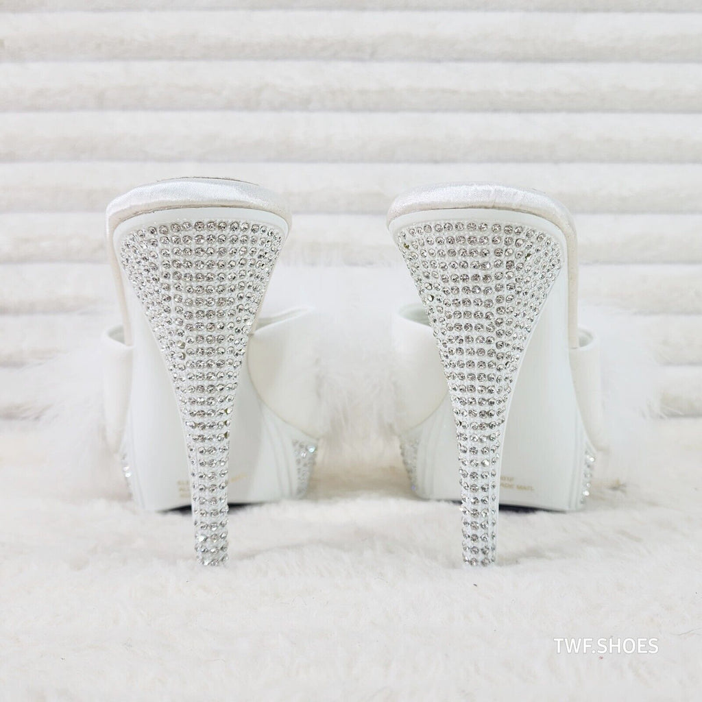 Elegance Marabou Feather Slip On Platform Sandals 5" Stiletto Heel Shoes White - Totally Wicked Footwear