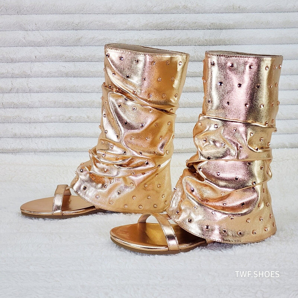 Fabulous Metallic Rose Gold Upper & Rhinestones Sandal Slouch Boots Shooties - Totally Wicked Footwear