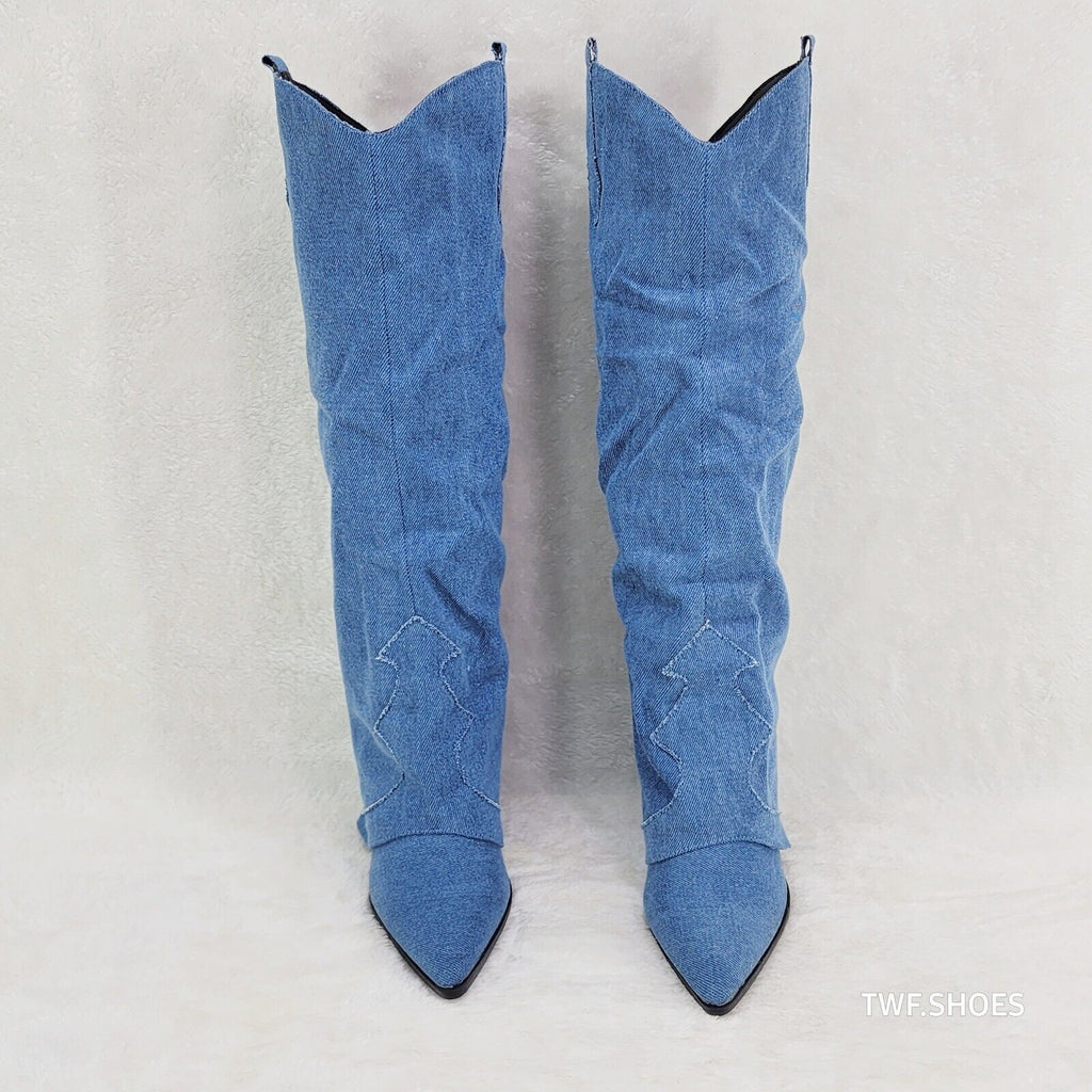 Rough Cut Denim Skirted Fold Over Country Western Knee High Cowgirl Boots - Totally Wicked Footwear