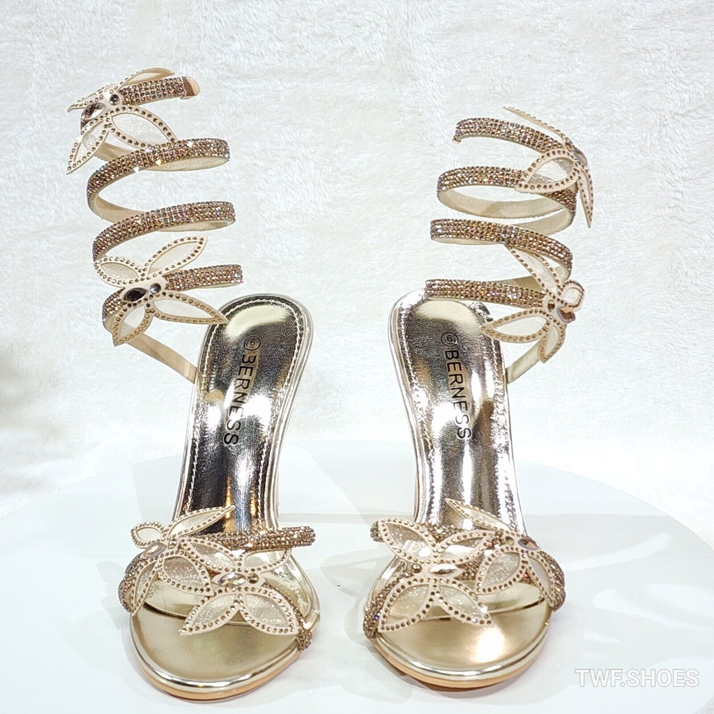 Fly Girl 2 Gold Upper & Rhinestones Butterfly Wrap Strap 4" Stiletto High Heels - Totally Wicked Footwear