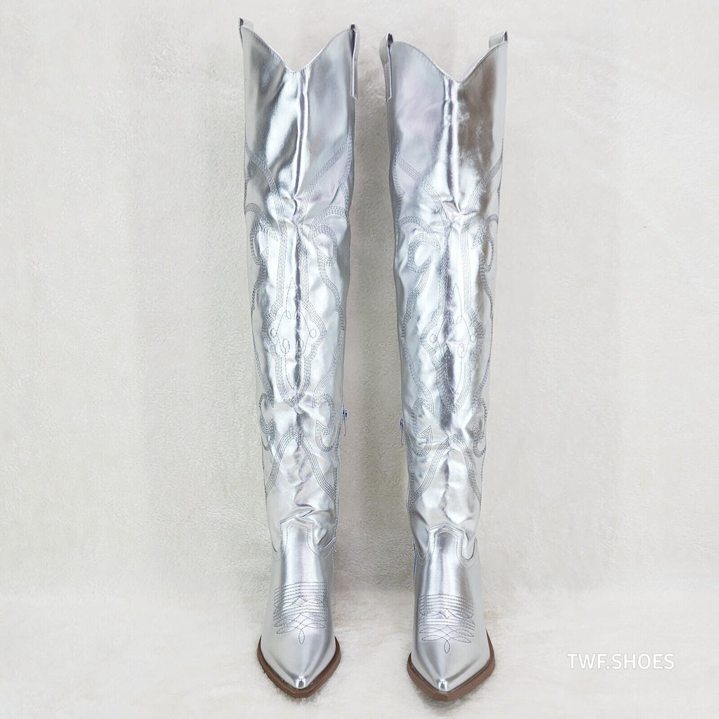 Country Disco Cowboy Metallic Silver Western Cowgirl OTK Thigh Boots - Totally Wicked Footwear