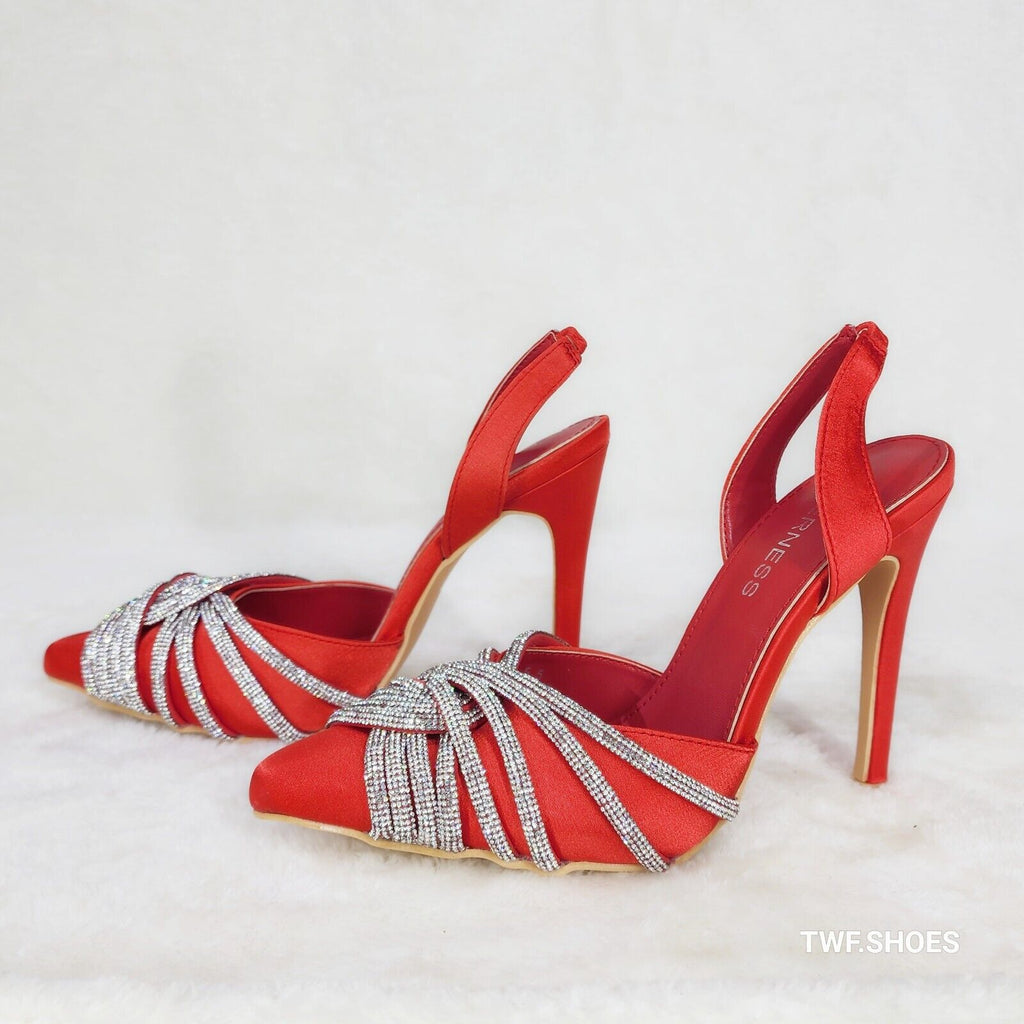 Elegance Slip on Slingback Red Satin Rhinestone Pointy Toe High Heels Shoes - Totally Wicked Footwear