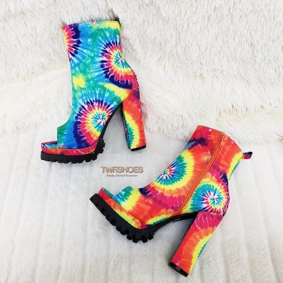 Trippin Colorful Tie Dye Open Toe Chunky Platform Heel Ankle Boots - Totally Wicked Footwear