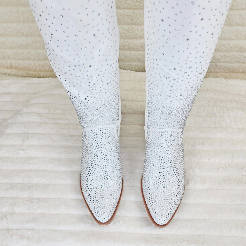 Wild Ones White Glamour Cowboy Rhinestone Cowgirl Wedding Knee Boots Tuck Zip - Totally Wicked Footwear