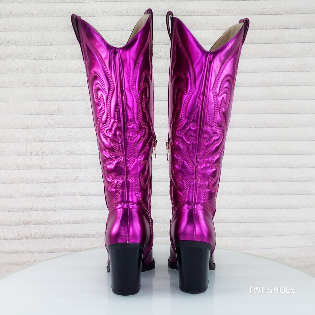 Electric Cowboy Metallic Matte Western Knee High Cowgirl Boots Hot Fuchsia Pink - Totally Wicked Footwear