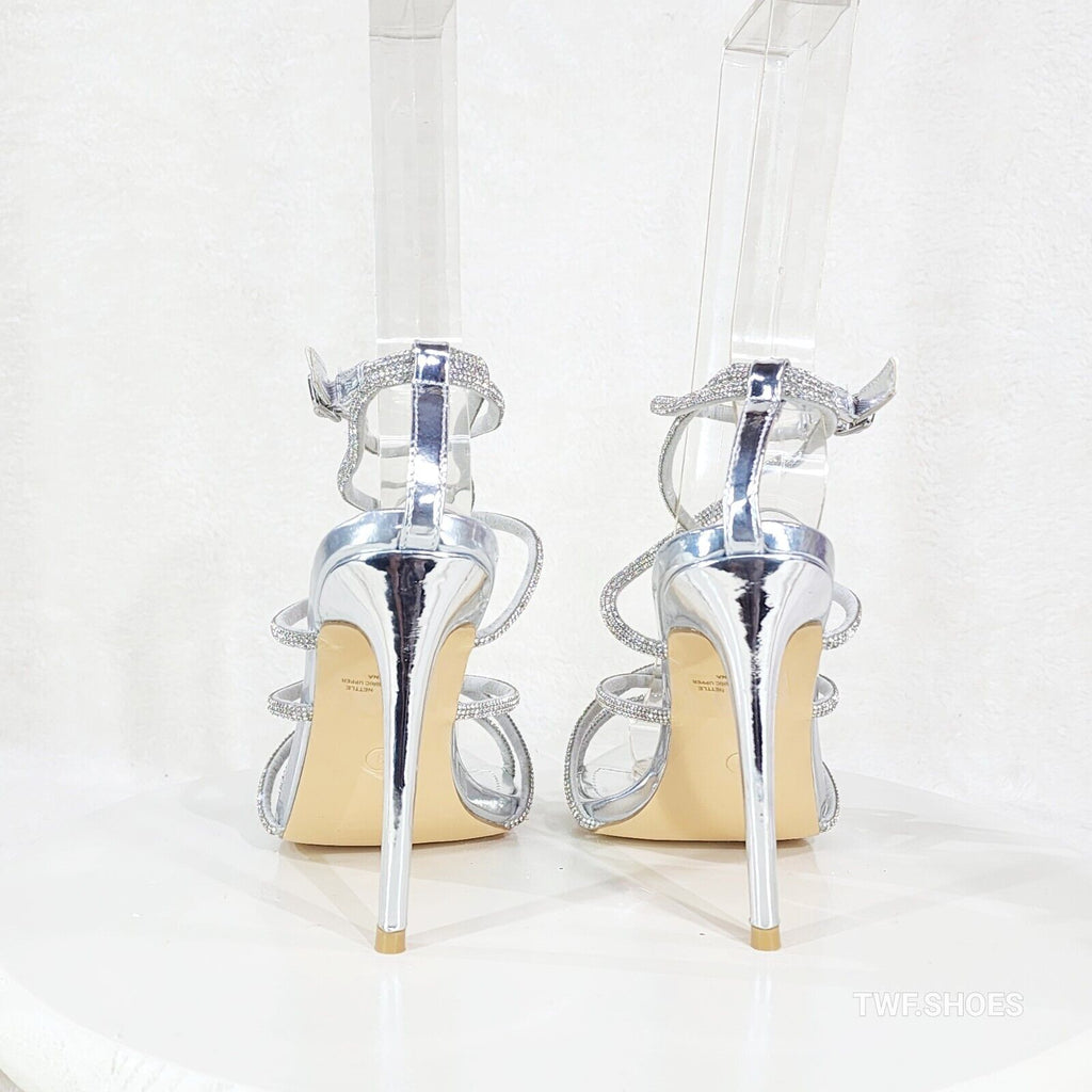 Party Town Silver Metallic Strappy Rhinestone Pointy Toe High Heels - Totally Wicked Footwear