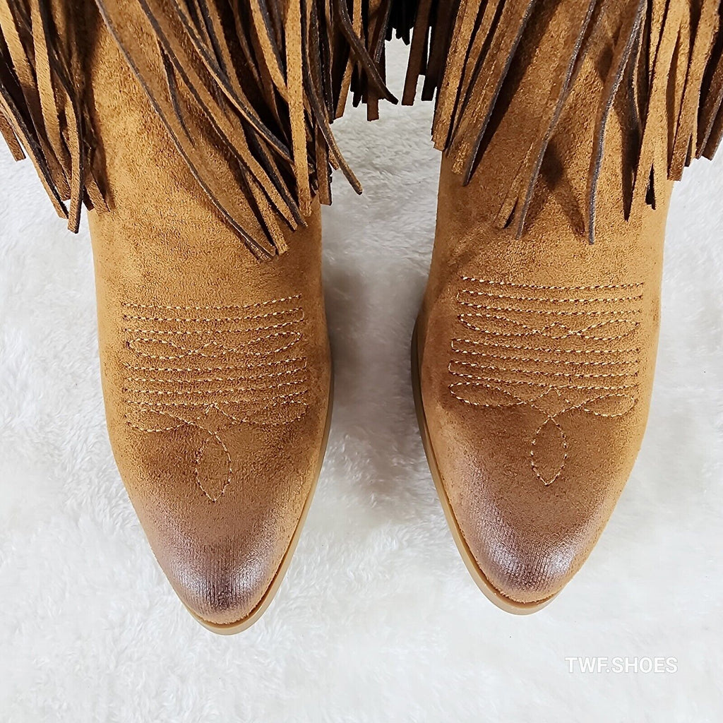 Dusty Trails Mid Calf Whiskey Brown Fringe Country Western Cowgirl Boots - Totally Wicked Footwear