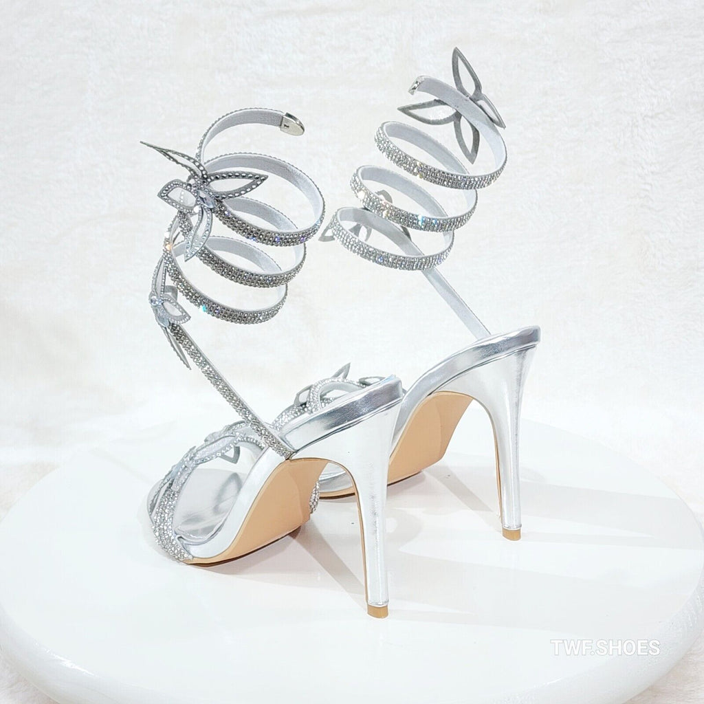 Fly Girl 2 Silver Upper Rhinestone Butterfly Wrap Strap 4" Stiletto High Heels - Totally Wicked Footwear