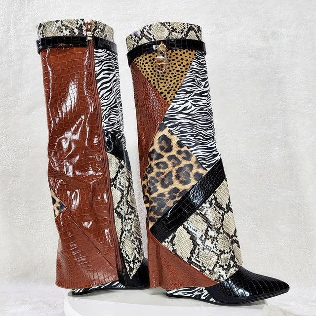 Forbidden Multi Animal Print Skirted Fold Over Wedge Heel Knee Boots - Totally Wicked Footwear