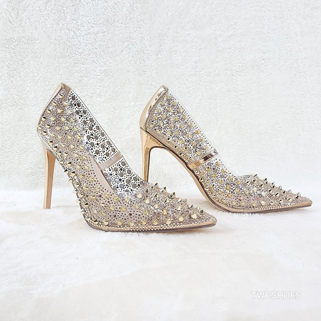 Spicy Stiletto PVC Clear Pumps Rose Gold Studs & Rhinestone Pumps Stiletto Heels - Totally Wicked Footwear