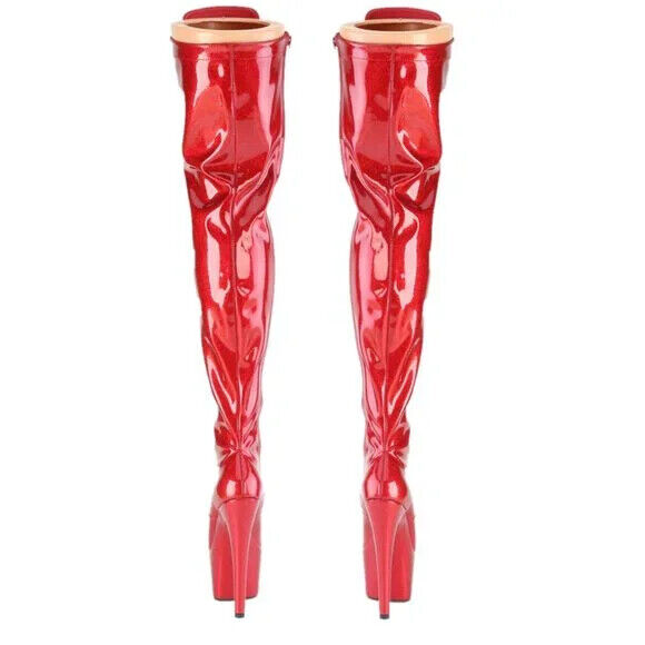3020 Red Glitter Patent 3020 Lace Up Thigh High Platform Boots Adore 7" Heels - Totally Wicked Footwear
