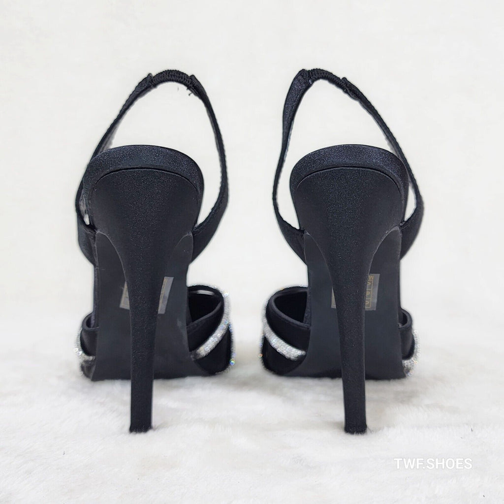 Elegance Slip on Slingback Black Satin Rhinestone Pointy Toe High Heels Shoes - Totally Wicked Footwear