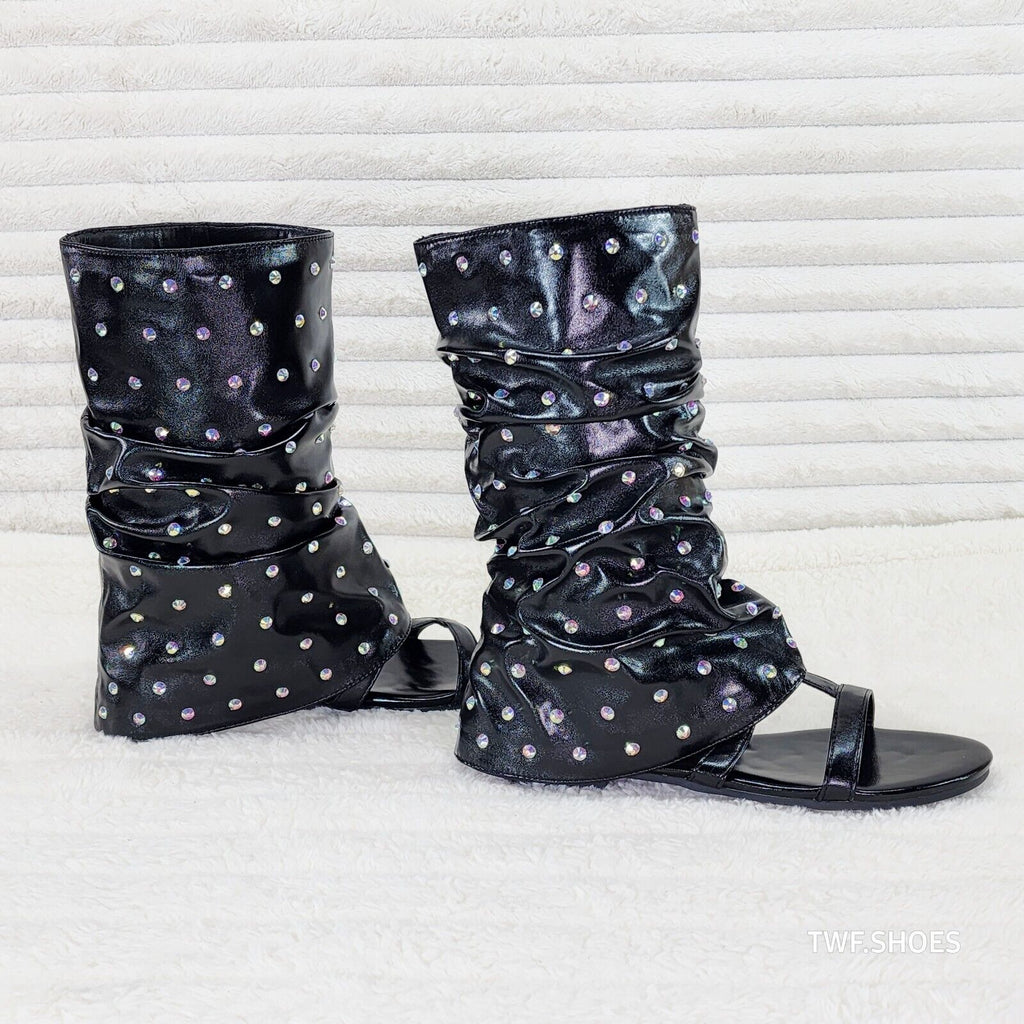 Fabulous Metallic Black Upper & Rhinestones Sandal Slouch Boots Shooties - Totally Wicked Footwear