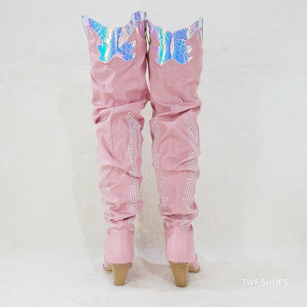 Iconic Country Western Thigh high Cowgirl Boots Baby Pink Hologram Trim - Totally Wicked Footwear