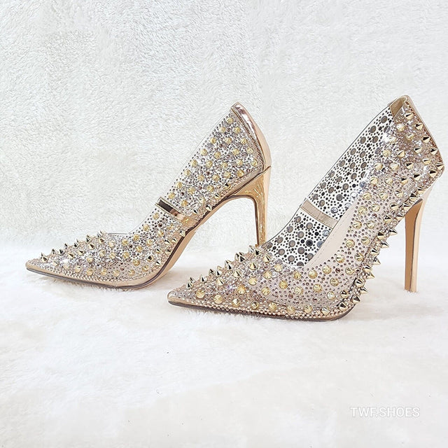 Spicy Stiletto PVC Clear Pumps Rose Gold Studs & Rhinestone Pumps Stiletto Heels - Totally Wicked Footwear