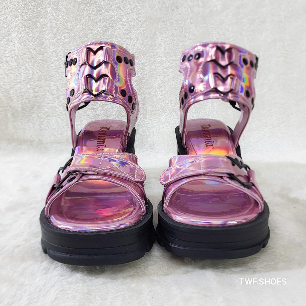 Bratty Pink Hologram Block Heel Goth Punk Platform Sandals In House NY DEMONIA - Totally Wicked Footwear