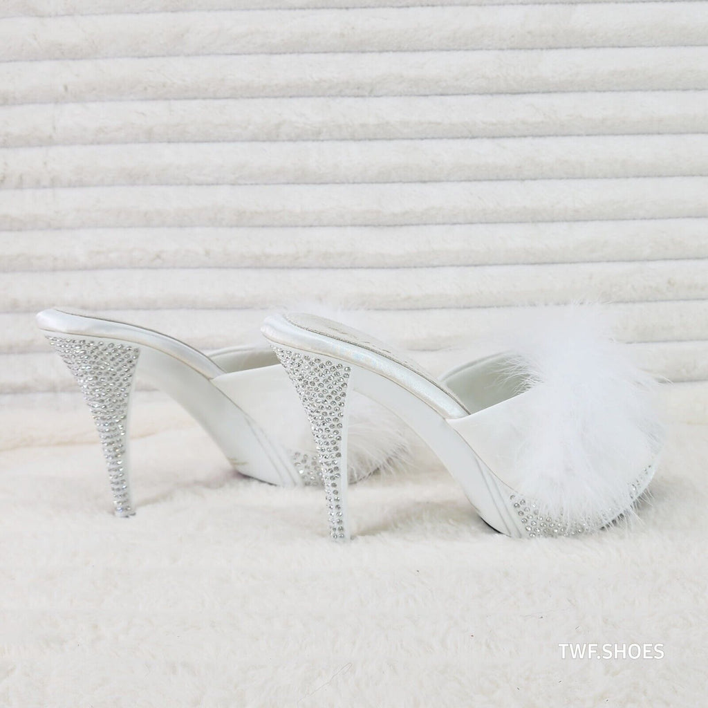 Elegance Marabou Feather Slip On Platform Sandals 5" Stiletto Heel Shoes White - Totally Wicked Footwear