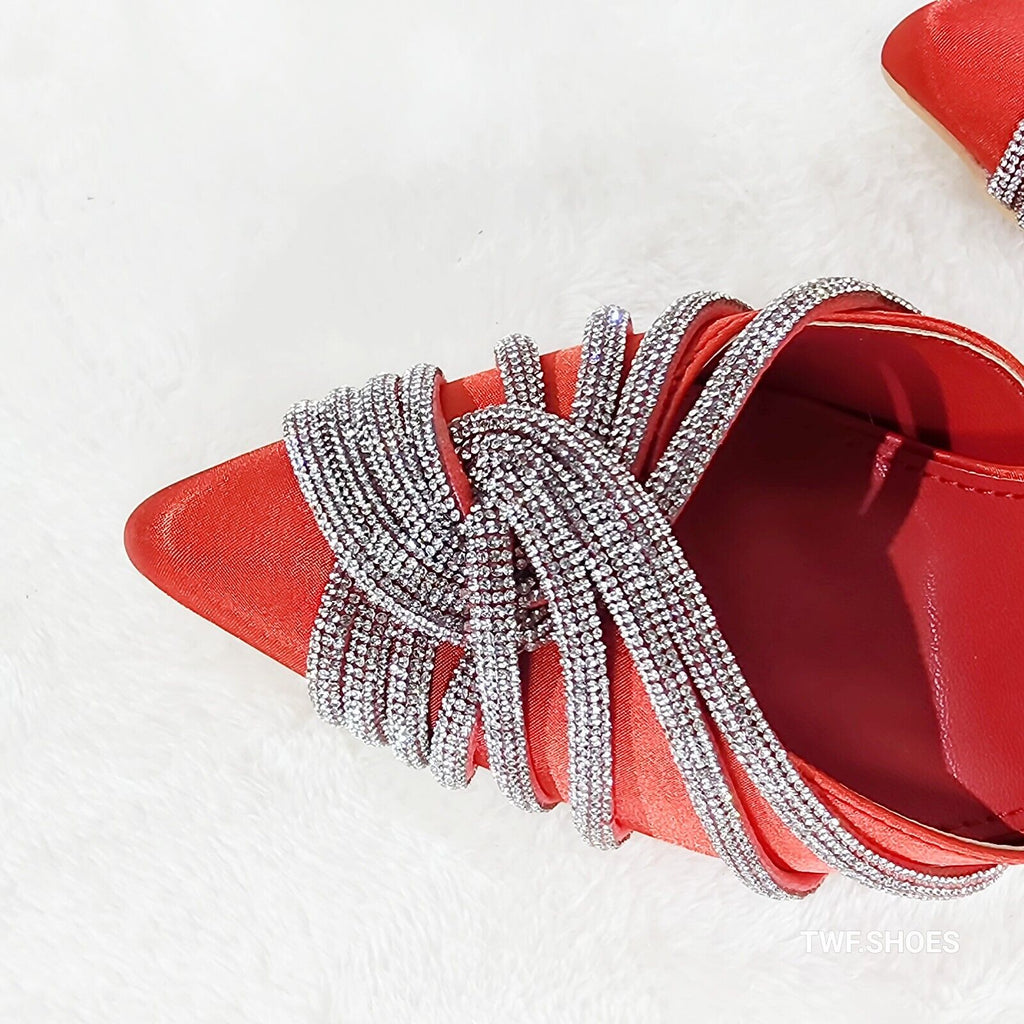 Elegance Slip on Slingback Red Satin Rhinestone Pointy Toe High Heels Shoes - Totally Wicked Footwear