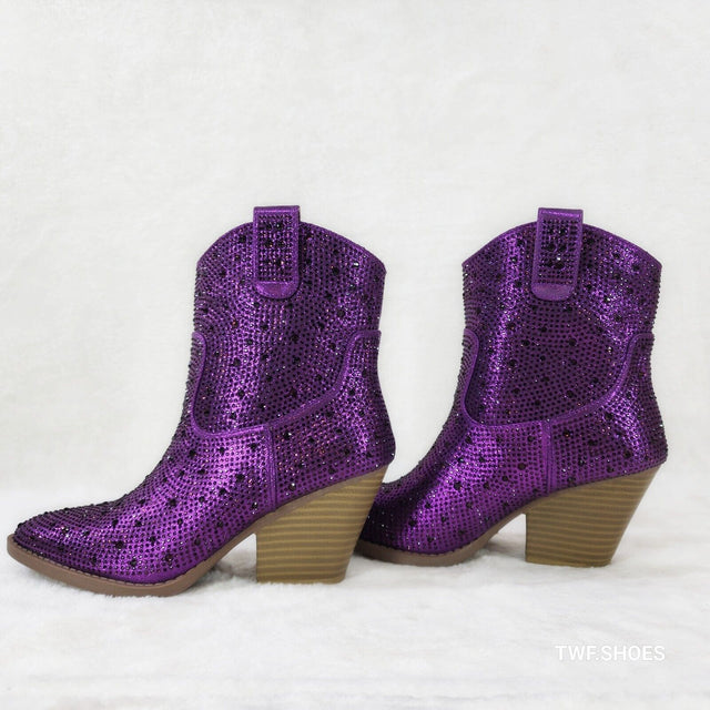 Dolly Purple Rhinestone Disco Glitter Cowgirl Country Glam Western Ankle Boots - Totally Wicked Footwear