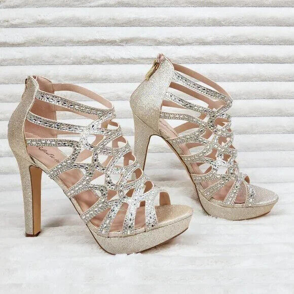 SELENE 4.5" High Heel Platform Shoe Cutout Cage Rhinestones Shimmery Champagne - Totally Wicked Footwear