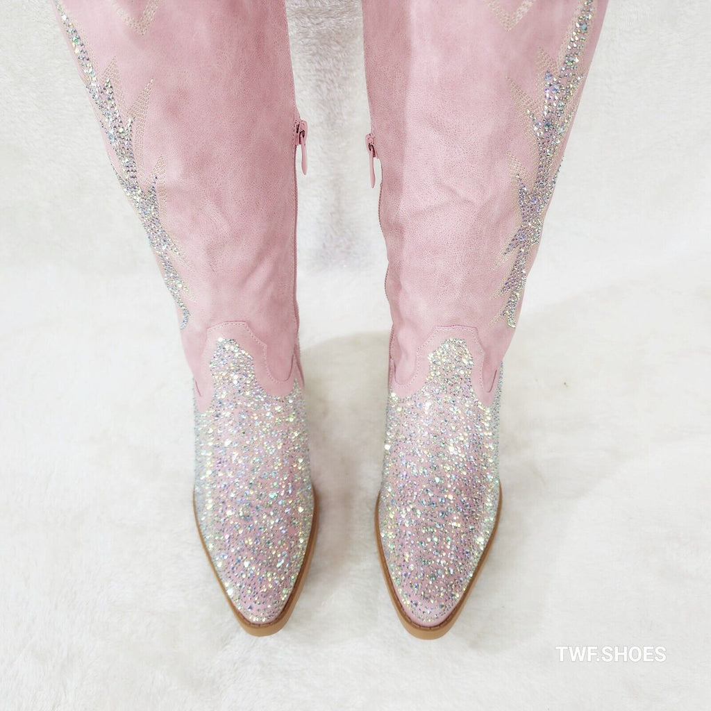 Annie Pink Leatherette With Rhinestones Country Glam Western Cowgirl Knee Boots - Totally Wicked Footwear