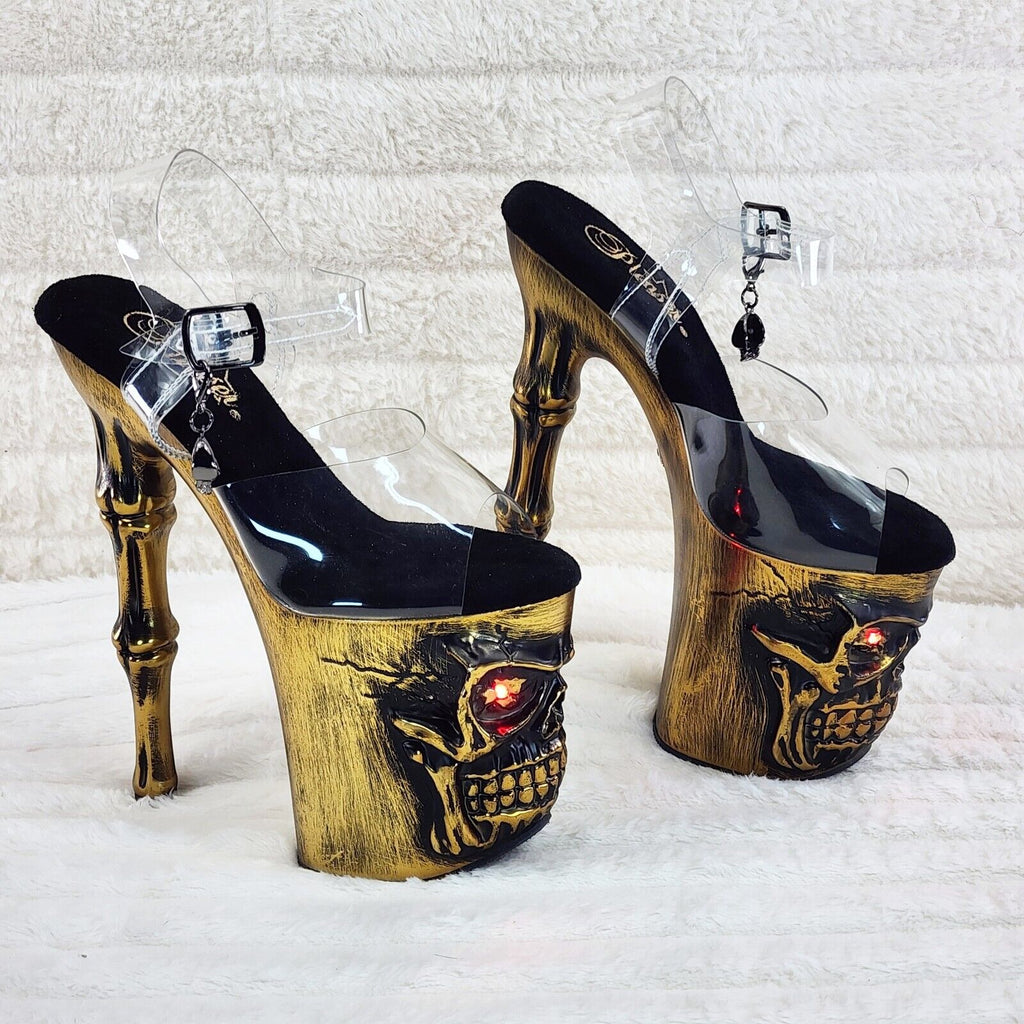 Rapture Clear Upper Brass Skull & Bones LED 8" High Heel Platform Shoes 5-10 NY - Totally Wicked Footwear