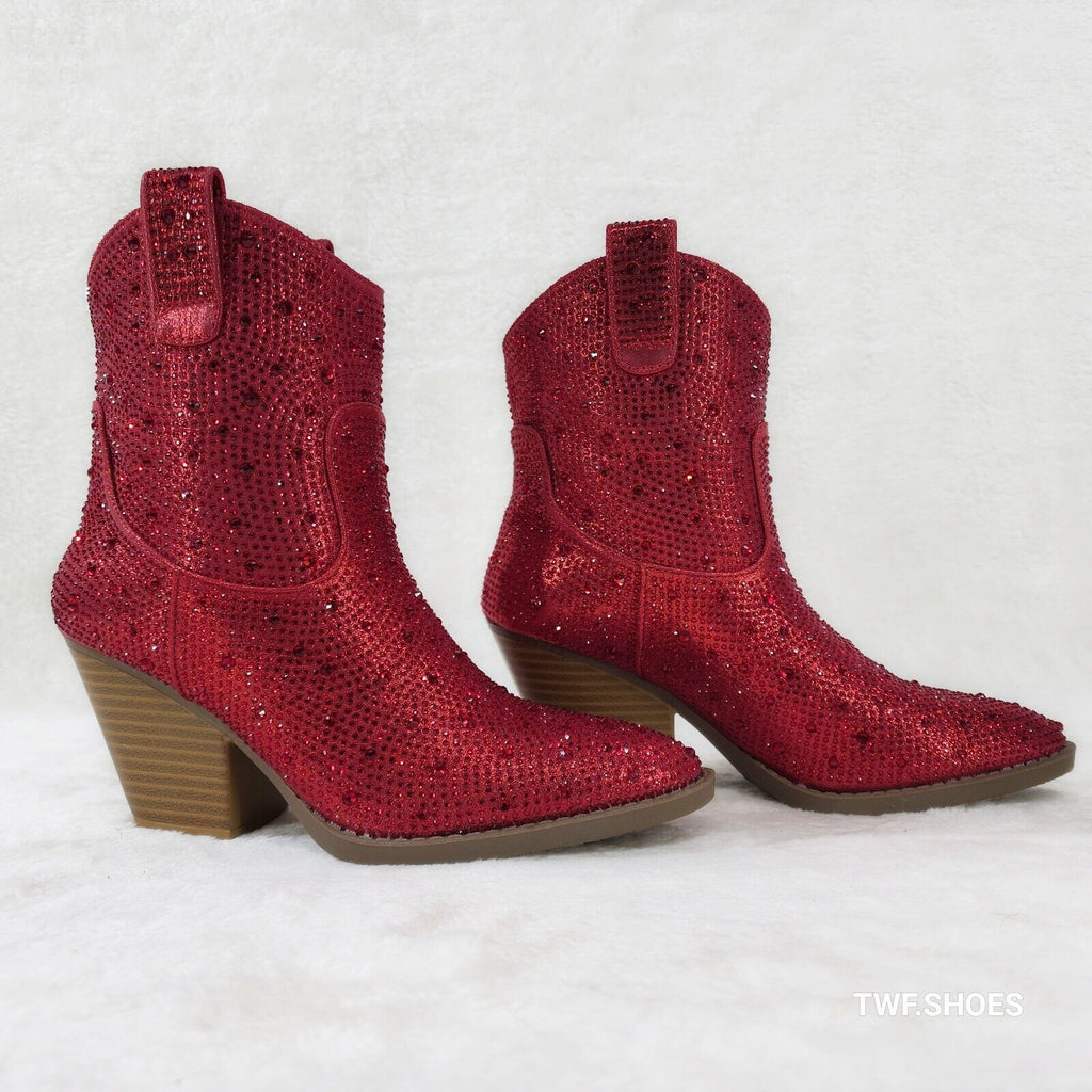Dolly Red Rhinestone Glitter Disco Cowgirl Country Glam Western Ankle Boots - Totally Wicked Footwear