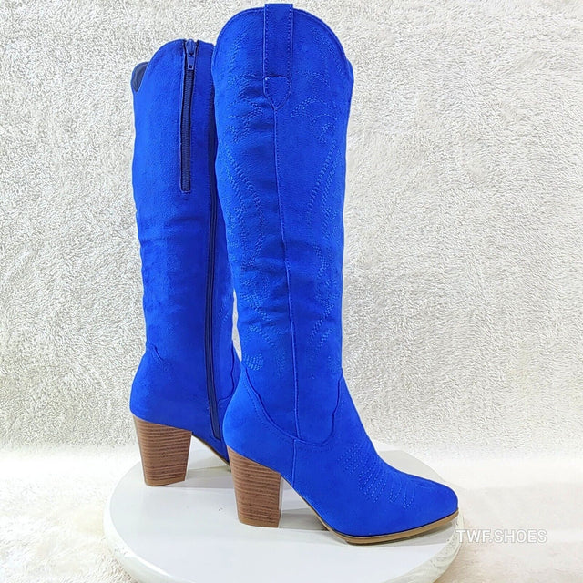 Wild Ryder Bright Deep Blue Faux Suede Country Western Cowgirl Boots - Totally Wicked Footwear