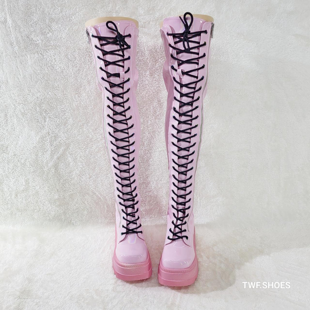 Shaker 374 Pink Patent Platform 4.5" Wedge Heel Over The Knee Boots NY DEMONIA - Totally Wicked Footwear