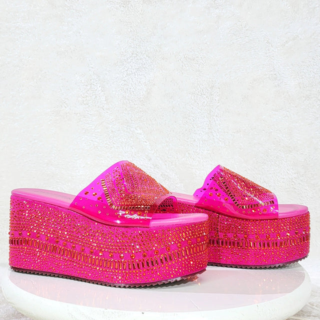 Dazzle Hot Pink Slip On 3" Platform Sparkling Rhinestone Flatform Sandals - Totally Wicked Footwear