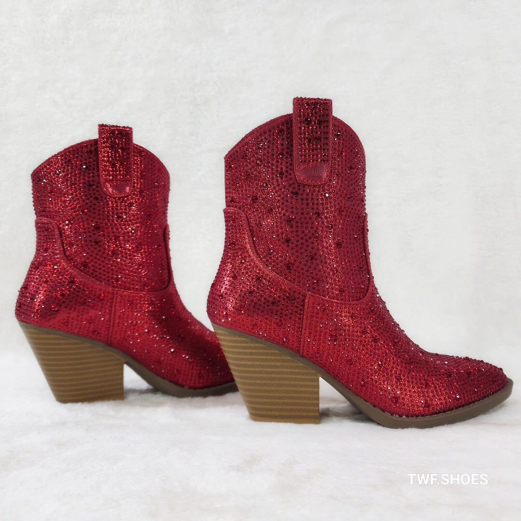 Dolly Red Rhinestone Glitter Disco Cowgirl Country Glam Western Ankle Boots - Totally Wicked Footwear