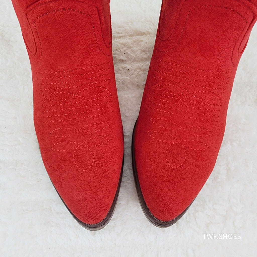 Wild Ones Red Faux Suede Pull On Mid Calf Cowboy Cowgirl Boots - Totally Wicked Footwear