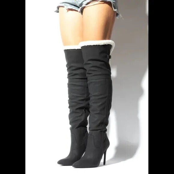 Cozy Craze Black Nubuck Over The Knee Fleece High Heel Thigh Boots - Totally Wicked Footwear